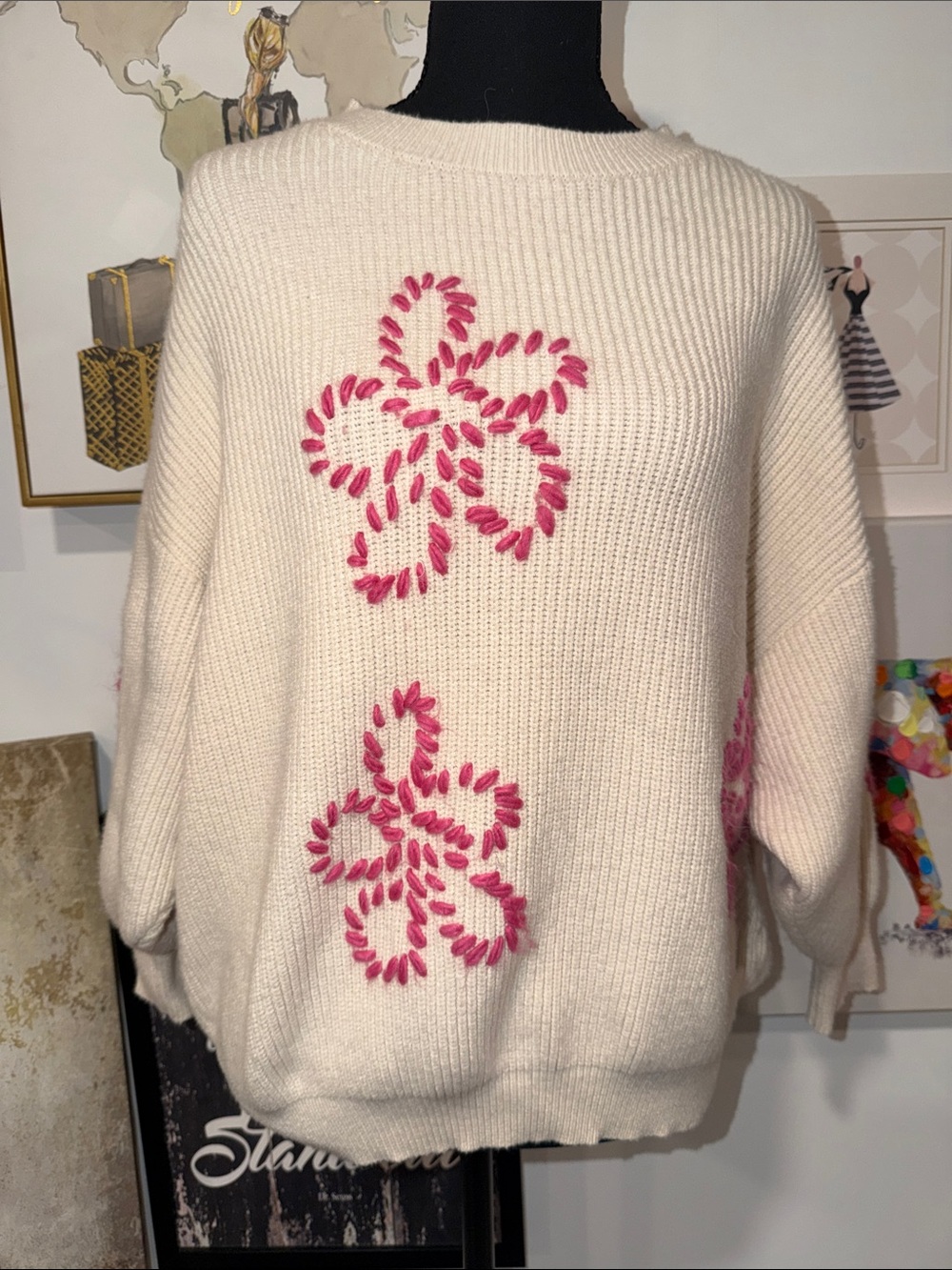 Cyrus Cream Crewneck Sweater with Pink Floral Stitching
